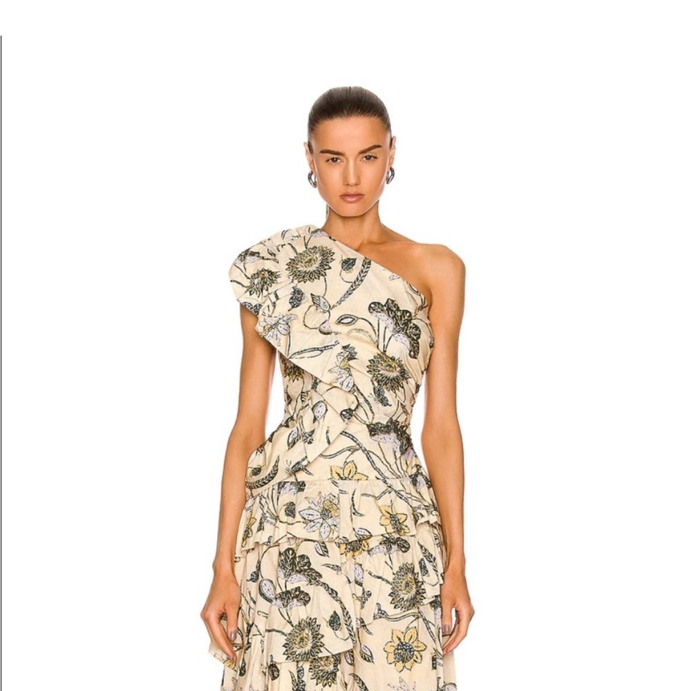 Ulla Johnson Ondine Cream and Black Asymmetrical Ruffled Gown